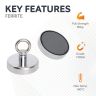 80mm dia x 70mm tall Ferrite Recovery Magnet with M10 Eyebolt - 60kg Pull