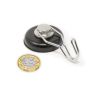 40mm dia Neodymium Pot Magnet with Rubber Base and Swivel Hook - 12kg Pull