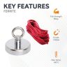 80mm dia x 70mm tall Ferrite Recovery Magnet with M10 Eyebolt and 10 Metre Rope - 60kg Pull