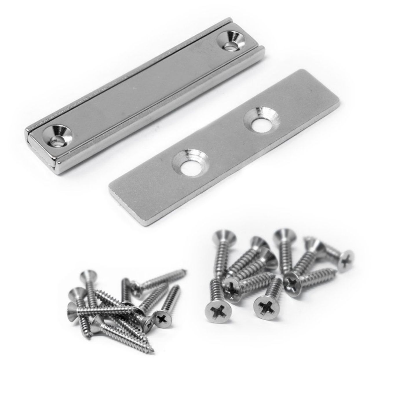 Countersunk Magnet & Steel Plate Pack - 60 x 13.5 x 5mm thick Neodymium Channel Magnet w/ 2x 3.3mm c/sunk holes - 30kg Pull