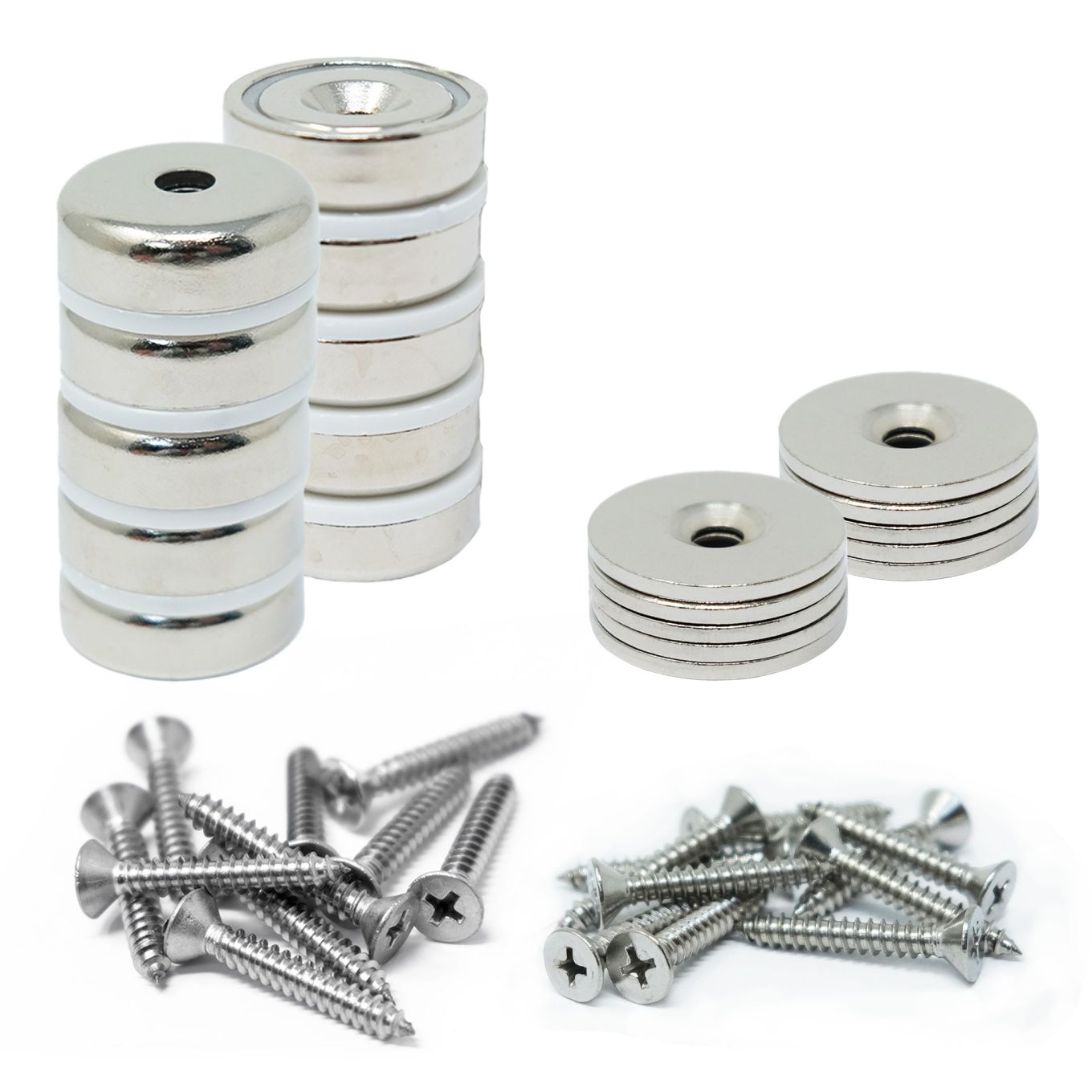 25mm dia Neodymium Pot Magnets, Steel Discs & Screws Pack