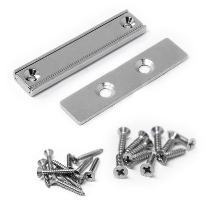 Countersunk Magnet & Steel Plate Pack - 60 x 13.5 x 5mm thick Neodymium Channel Magnet w/ 2x 3.3mm c/sunk holes - 30kg Pull