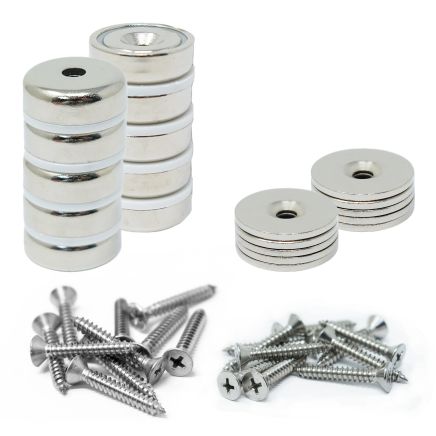 25mm dia Neodymium Pot Magnets, Steel Discs & Screws Pack